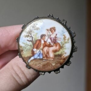 Vintage Porcelain Courting Couple Brooch Antiqued Silver Tone